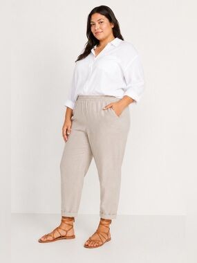OLD NAVY Light Beige/Mauve LINEN BLEND Elastic Waist lightweight Pants